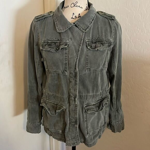 Sundry Green Distressed Military Utility Pockets Jacket Casual Military Boho - Picture 2 of 10